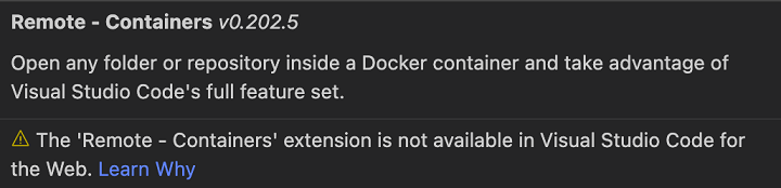 Notification that extension is not available in Visual Studio Code for the Web