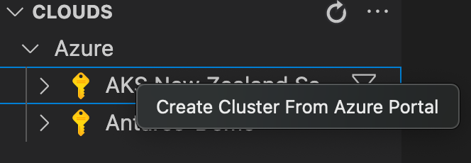 Create Cluster From Azure Portal command on an AKS subscription