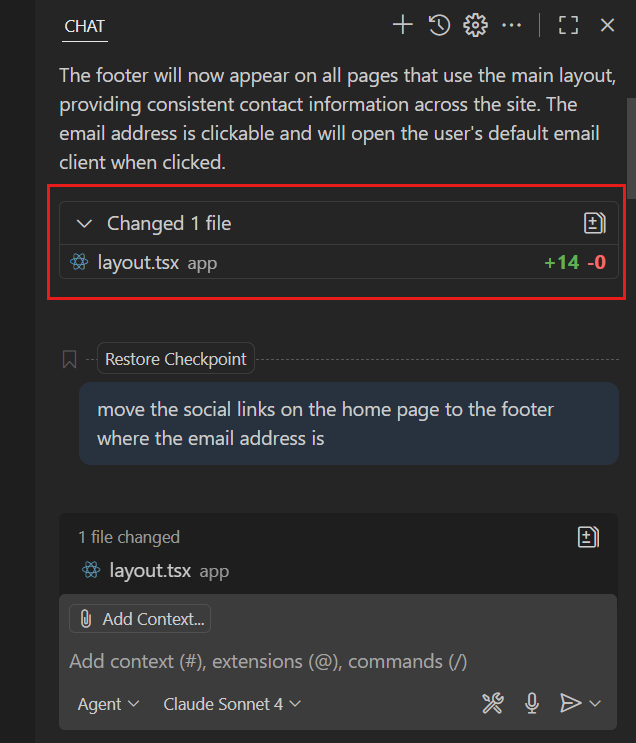 Screenshot of the Chat view, showing the file changes at the end of a chat request.