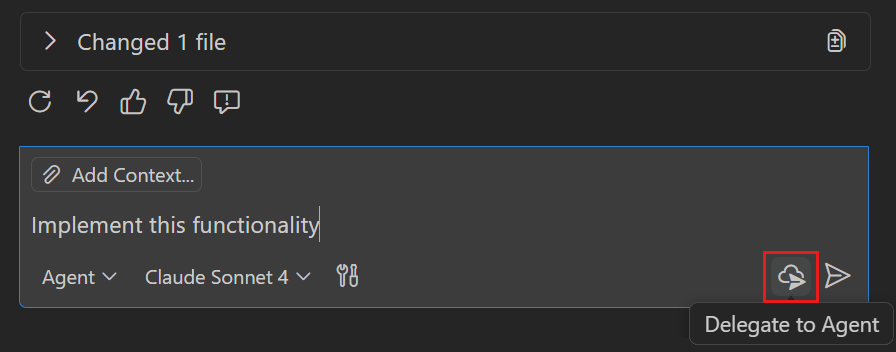 Screenshot of the Chat view with the Delegate to Agent button highlighted.