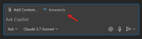 Screenshot of the Chat view, showing the active file as a suggested context item in the chat input box.