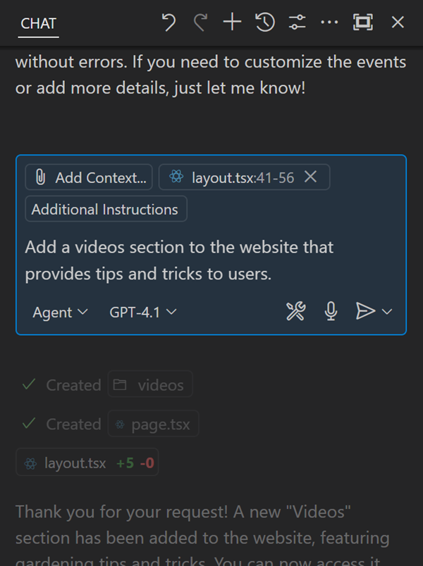 Screenshot of the Chat view with a chat request being edited in-place.