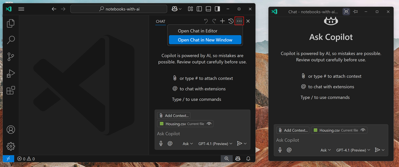 Screenshot of the Chat view, highlighting the three-dot menu that contains the Open in Editor and Open in New Window options. The desktop shows a floating window with a chat session.