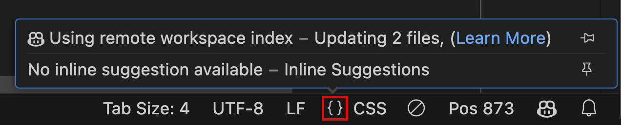 Viewing the status of the Copilot index in the language status UI