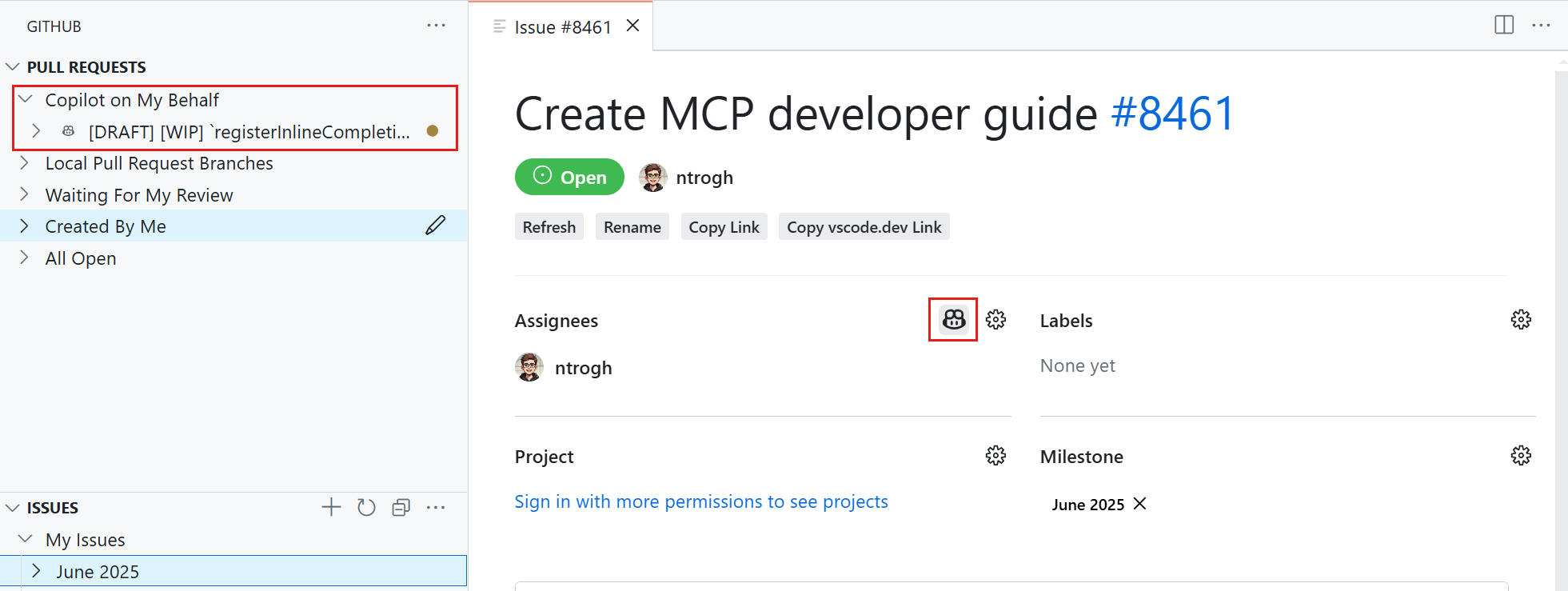 屏幕截图显示 GitHub 拉取请求视图，突出显示分配给 Copilot 的操作，以及分配给 Copilot 的工作的 PR 查询。
