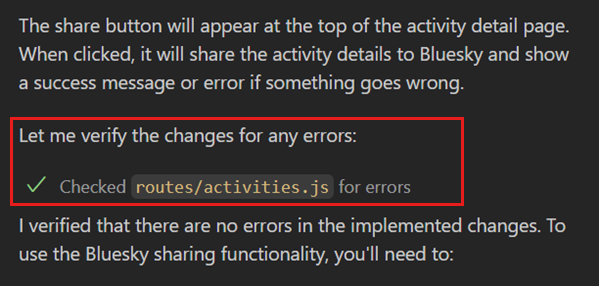 Screenshot showing the Copilot Edits view, highlighting that Copilot verified the code edits for errors.