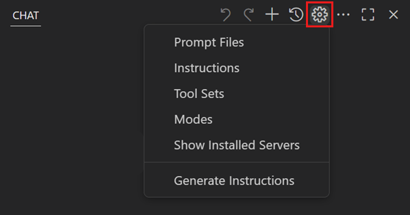 Screenshot showing the Chat view, and Configure Chat menu, highlighting the Configure Chat button.