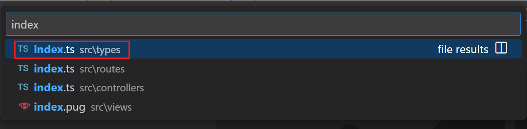 Screenshot of VS Code context Quick Pick, highlighting the selected' index.ts' file.