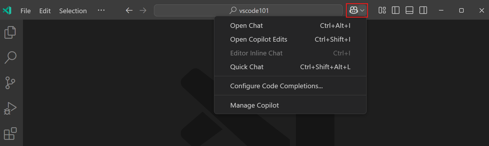 Screenshot of VS Code editor, showing the Copilot Chat view, highlighting the Copilot menu in the Command Center.