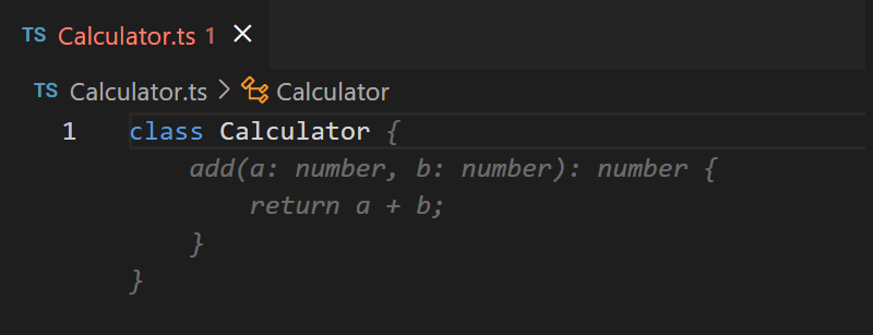 Screenshot of VS Code editor, showing Copilot suggesting the  method inside the  class.