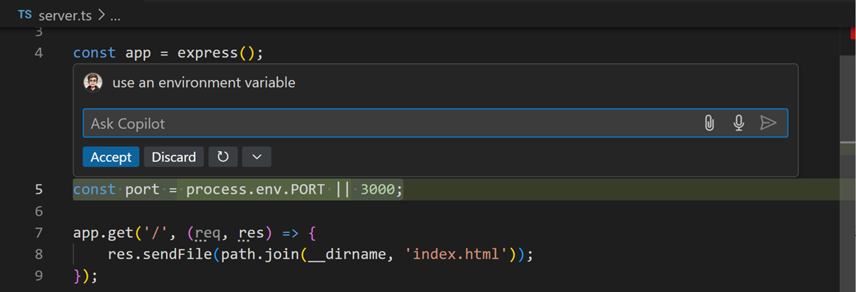 Screenshot of VS Code editor, showing the Copilot Inline Chat to use an environment variable for the port number.