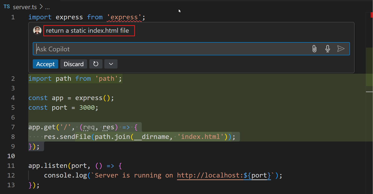 Screenshot of VS Code editor, showing the Copilot Inline Chat suggested changes, highlighting the  button.