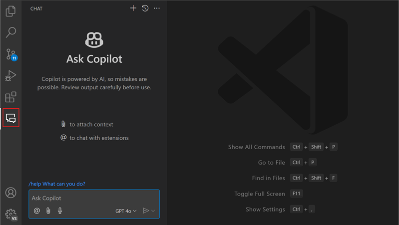 Screenshot showing the Chat view in the Activity Bar in VS Code.
