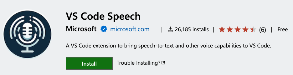 Screenshot of the VS Code Speech extension marketplace details