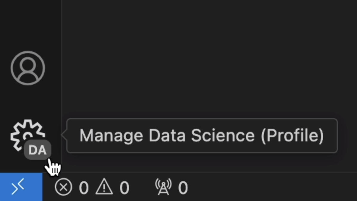 Manage gear displaying 'DA' to indicate that the user's 'Data Science' profile is active