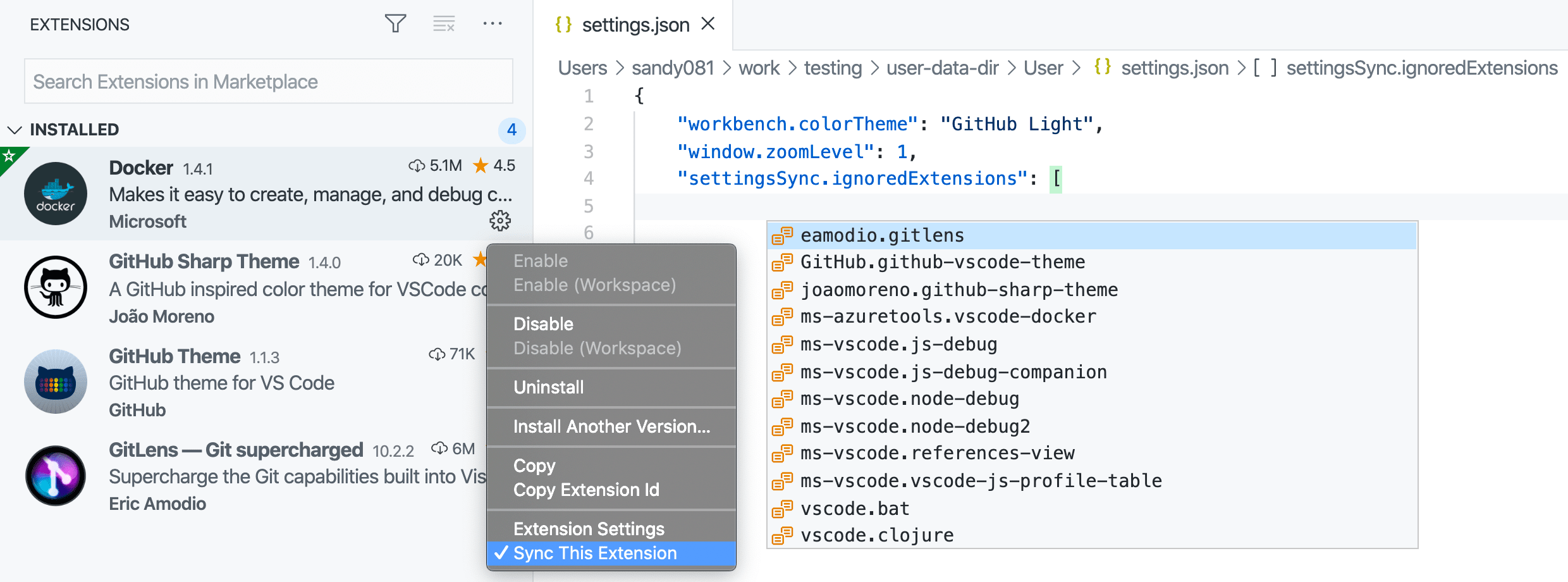 Settings Sync ignored settings