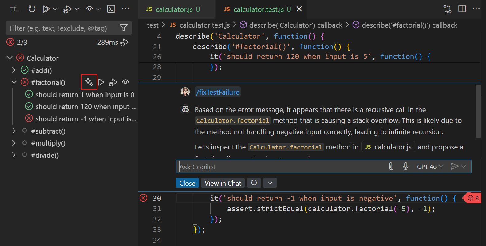 Screenshot showing the Test Explorer, highlighting the "Fix Test Failure" button, and the editor that shows a suggestion from Copilot on how to fix the failing test.