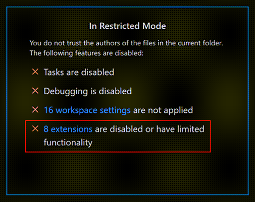 Workspace Trust disabled extensions link
