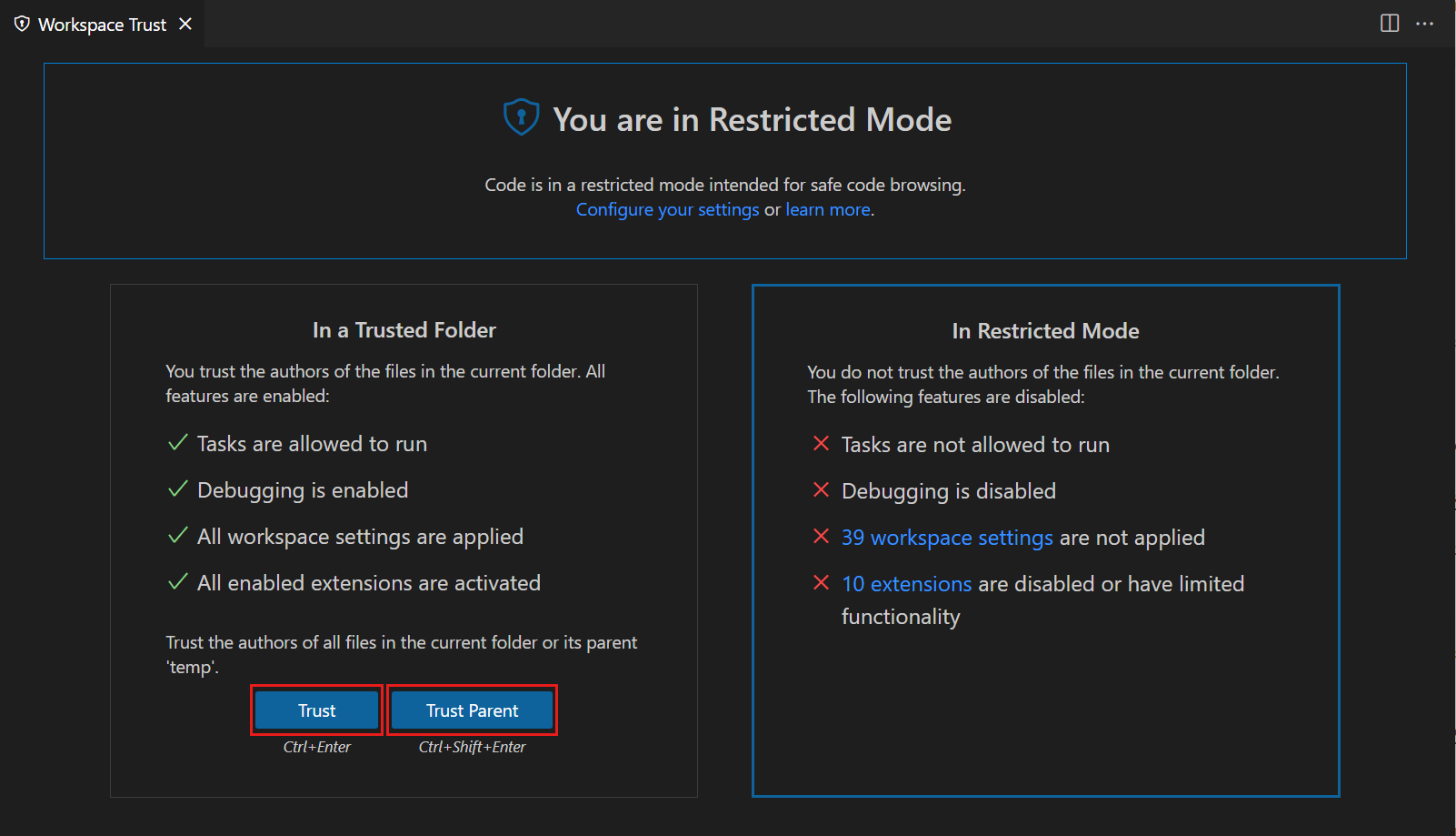 Workspace Trust editor Trust buttons