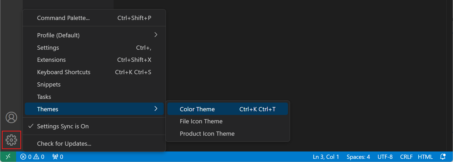 Screenshot that shows the Manage menu to change the color theme, highlighting the Manage button in the Activity Bar.