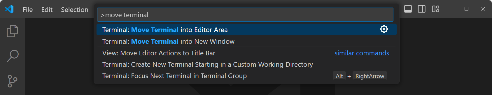 Screenshot that shows the Command Palette, listing the entries for moving the terminal.