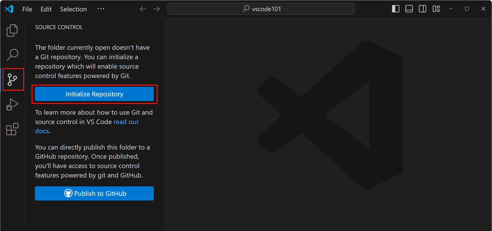 Screenshot that shows the Source Control view, highlighting the Initialize Repository button.