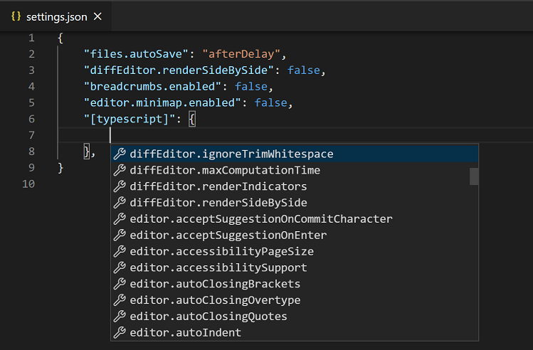 Suggestions for language-specific settings shown in the settings JSON file