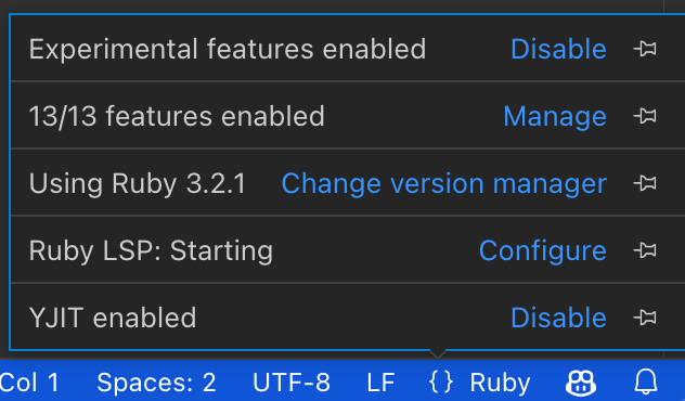 Ruby LSP language status center