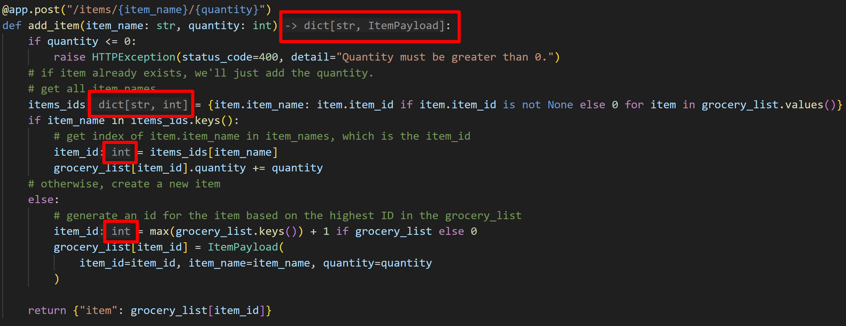 Inlay function return and variable type hints being displayed by Pylance throughout the sample code