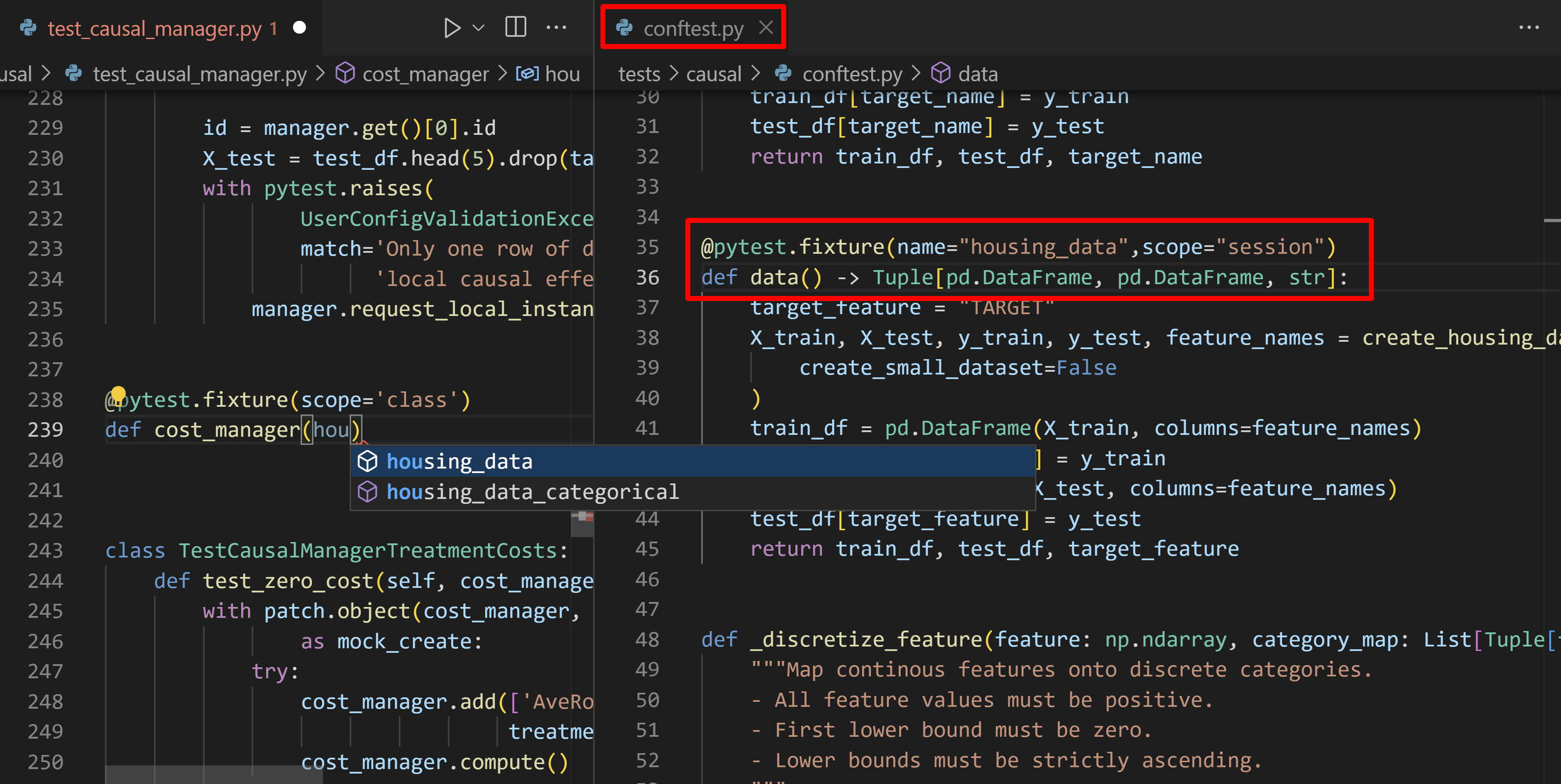 Auto completion suggestion when passing a parameter to a test function in a Python test file. The suggestion is a fixture defined in conftest.py.