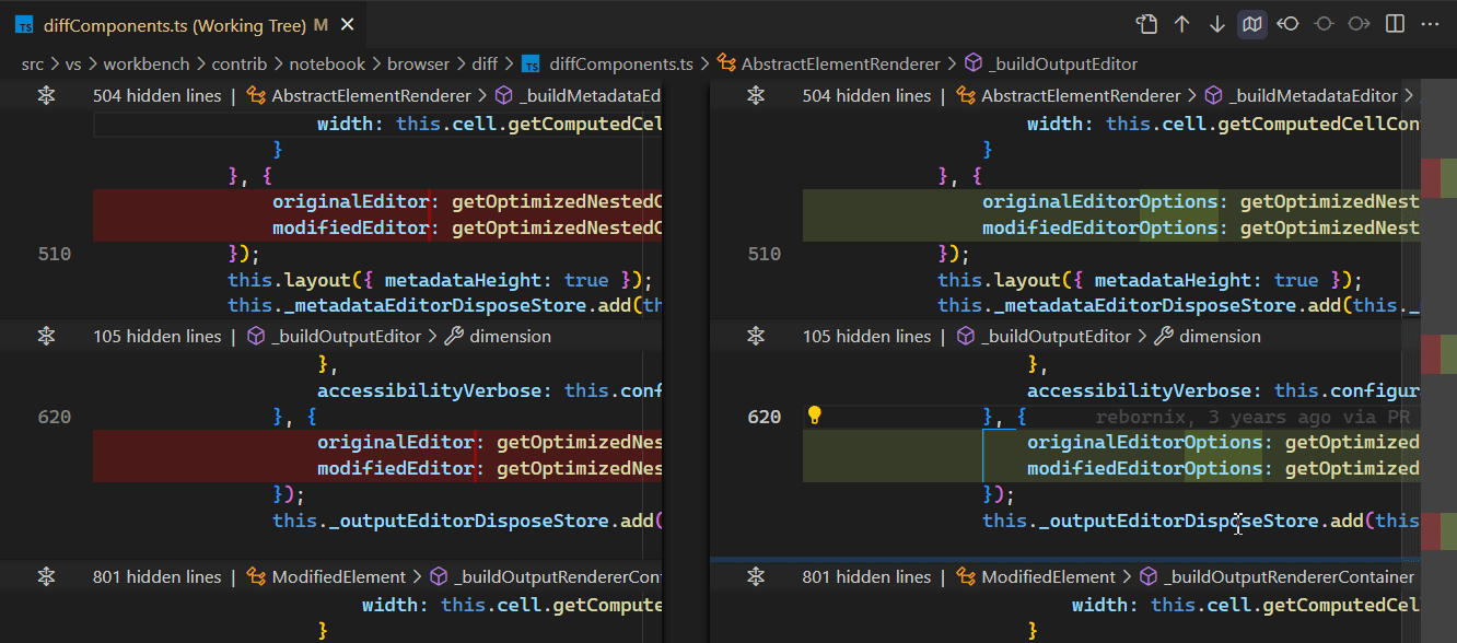 Screenshot of the Diff editor, showing the Stage and Revert controls in the gutter