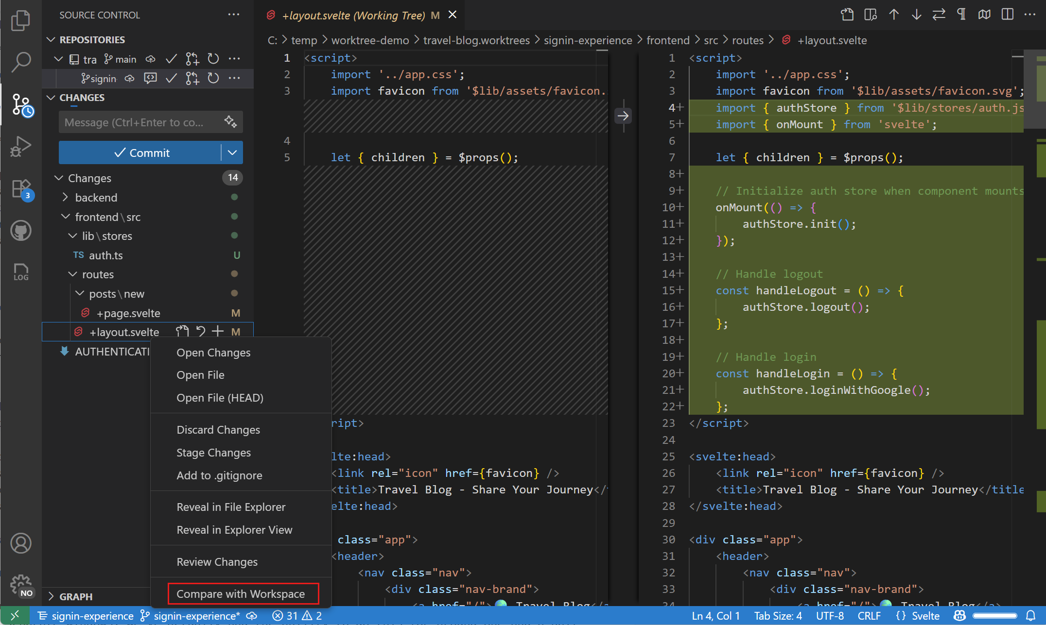Screenshot that shows the Compare with Workspace option in the context menu of a changed file in a worktree.