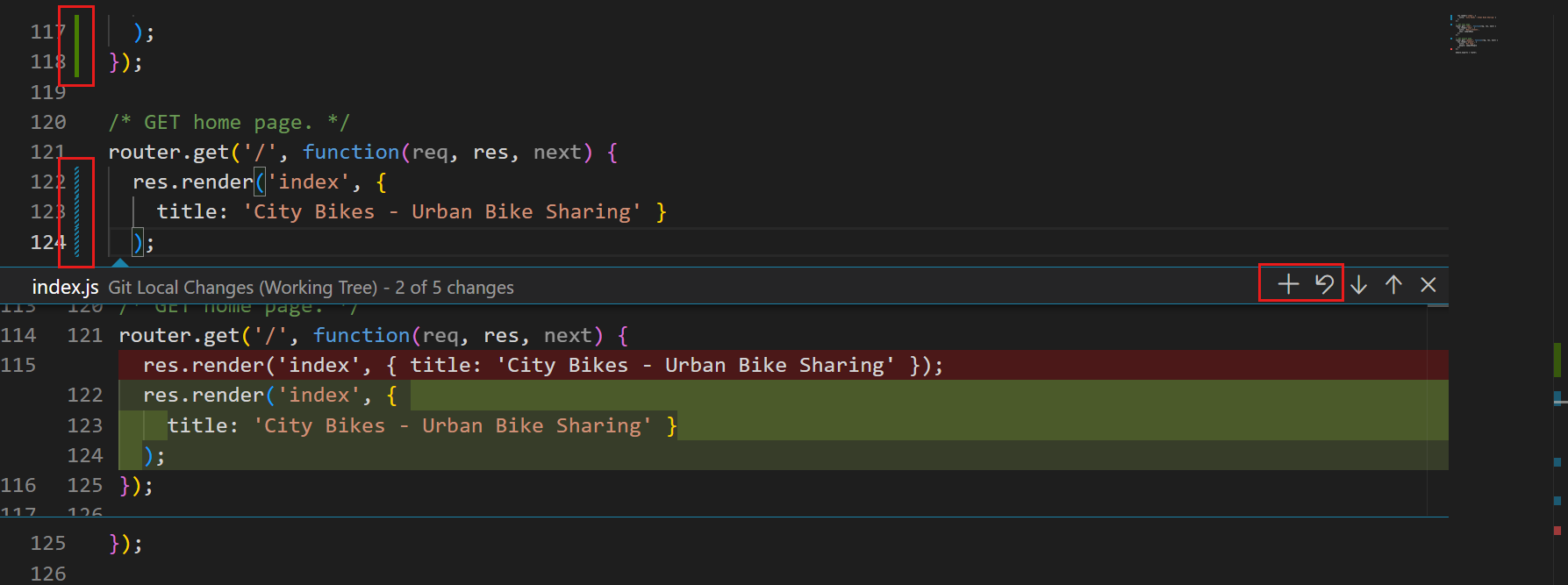 Screenshot of editor gutter indicators showing line changes and a hover showing Git blame information.