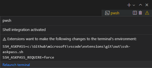 A warning icon appears next to the terminal tab when a relaunch is required, information on the changes can be viewed by hovering it