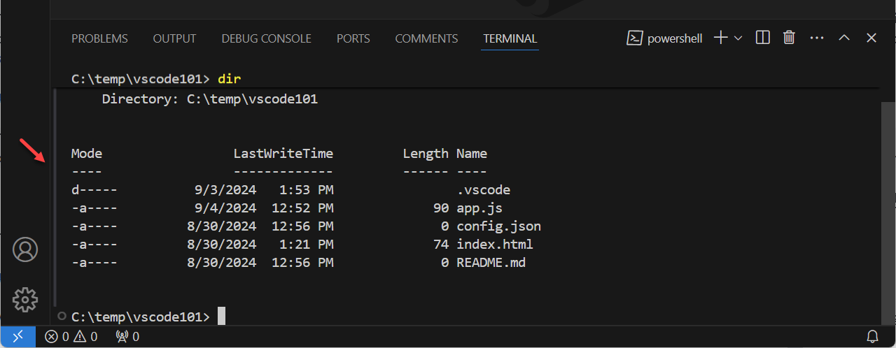 Screenshot of the terminal, highlighting the command guide vertical bar on the left-hand side to indicate the boundary of a command.