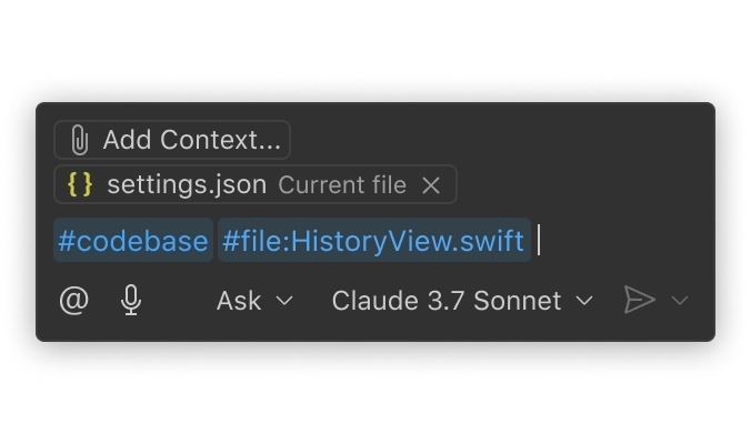 A VS Code chat prompt. The prompt includes codebase and file context by writing #codebase and #file:HistoryView.swift in the message.