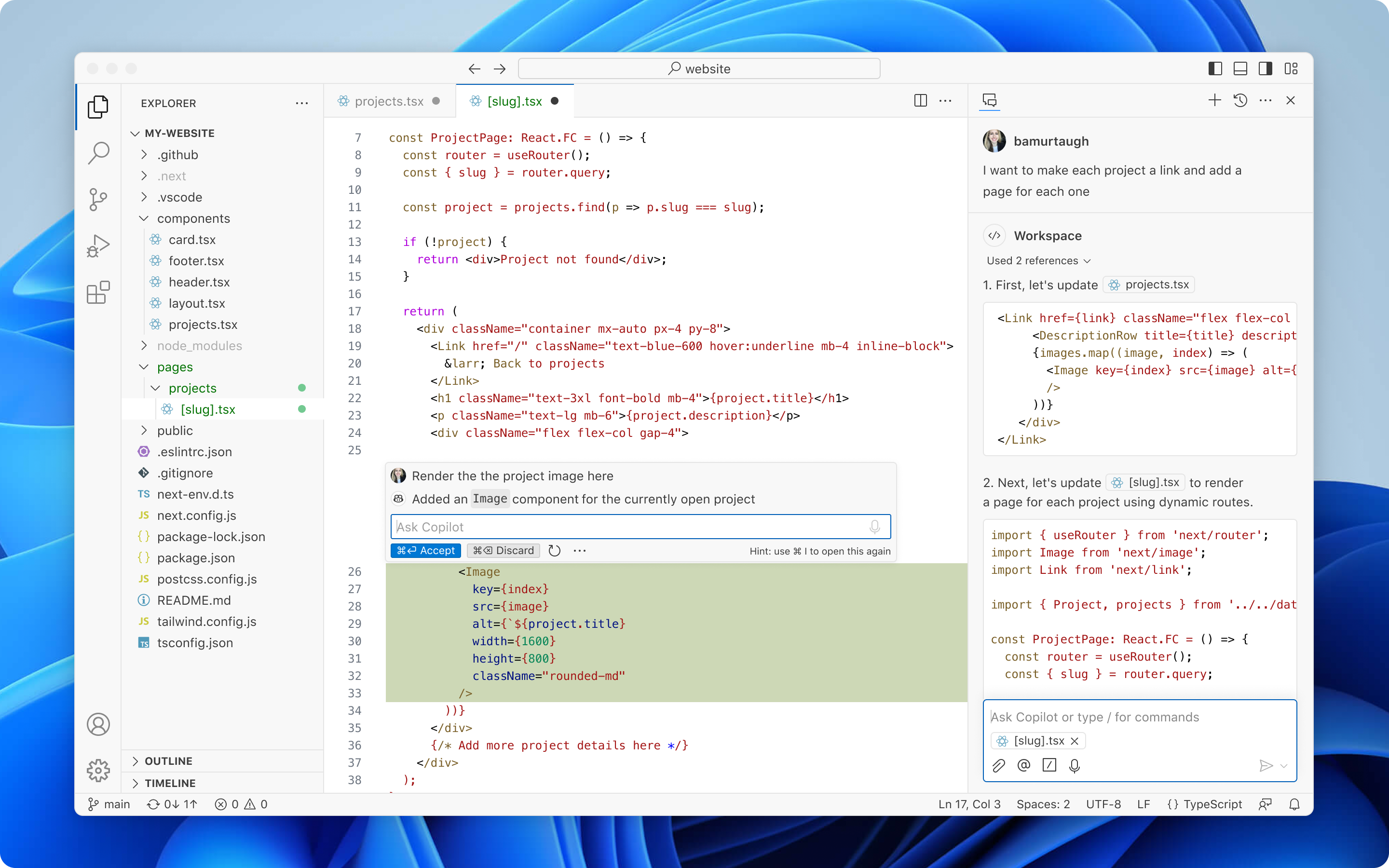 Visual Studio Code in action with AI-powered suggestions from GitHub Copilot, built-in terminal and powerful extensions for all languages and tools