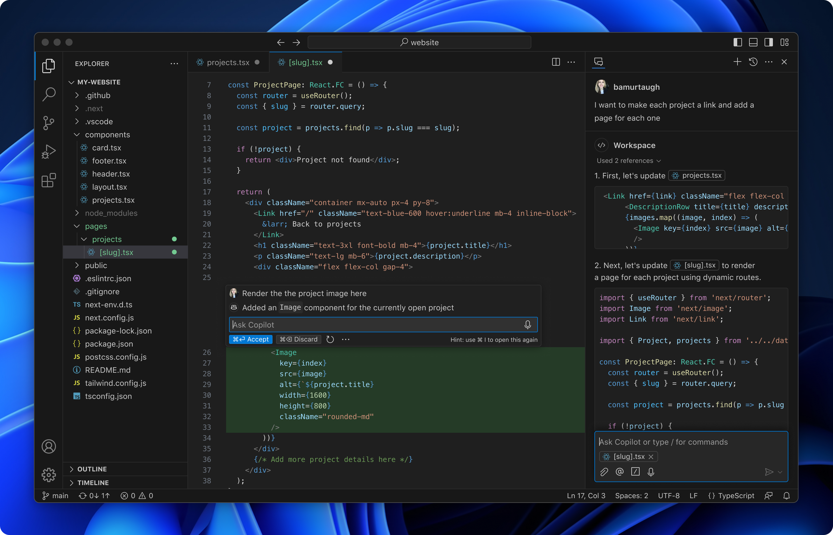 Visual Studio Code in action with AI-powered suggestions from GitHub Copilot, built-in terminal and powerful extensions for all languages and tools