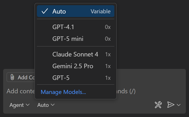 Screenshot that shows the model picker in the Chat view, showing the Auto option.