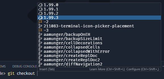 显示“git checkout”完成的标签和分支新图标的屏幕截图