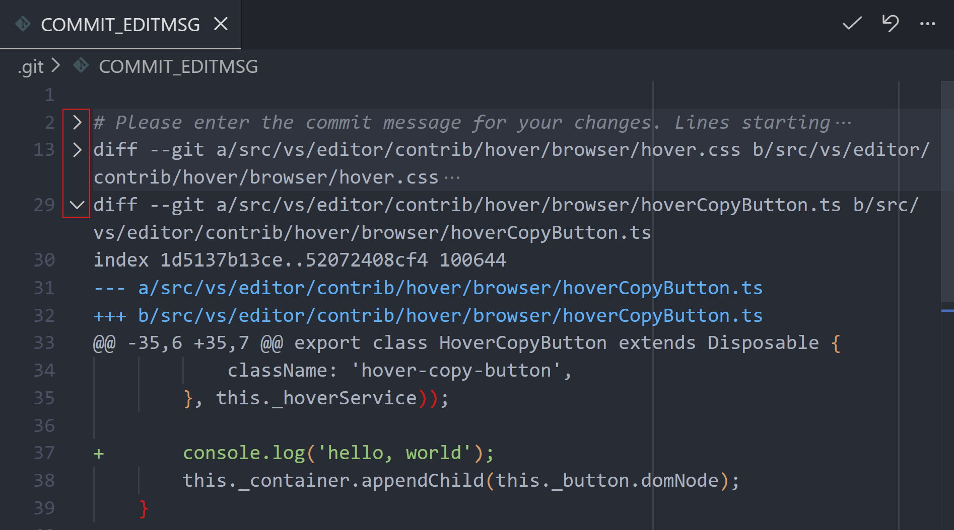 Screenshot showing folding nodes in the gutter and a partially collapsed commit message in the editor.