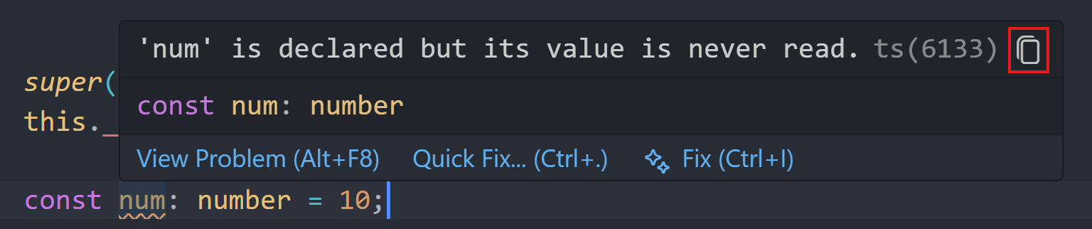 Screenshot of hovering over a diagnostic hover revealing a copy button in the top-right corner.