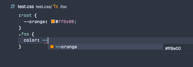 CSS variable completion with color swatch