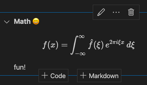 Emoji and a math formula being rendered in a notebook cell