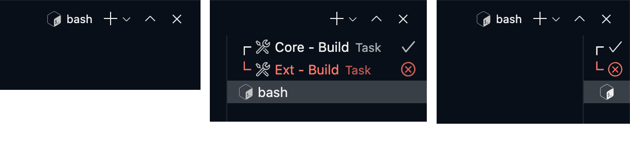 Single inlined terminal tab, terminal tabs with status, and collapsed terminal tabs