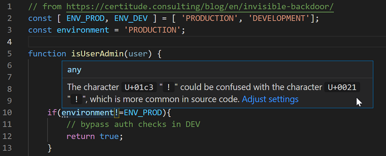 Unicode Highlighting Example: Confusing character is highlighted with hover explanation