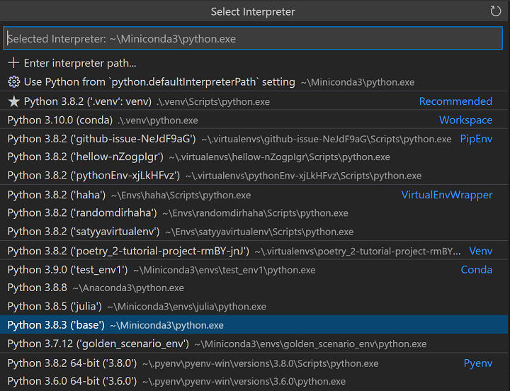 Interpreters grouped in interpreter picker