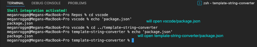 在 cwd 为 vscode 的终端中，回显 package.json。点击文件名将导致 vscode/package.json 打开。目录更改为 template-string-converter，然后回显 package.json。点击文件名将打开 template-string-converter/package.json。