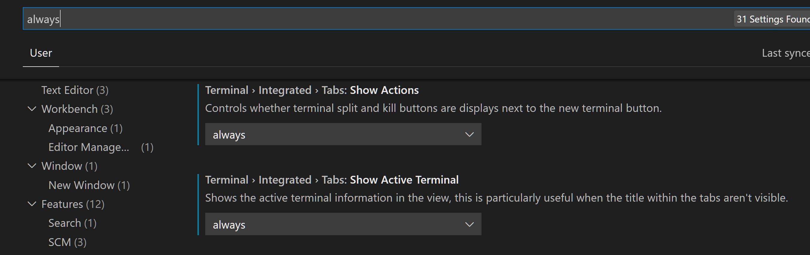 Settings editor pulling up results where the enum value matches the query