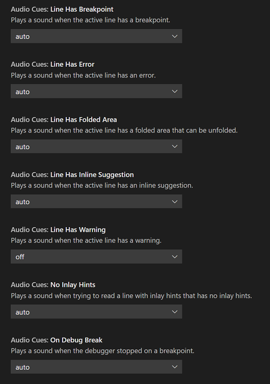 A screenshot of all available audio cue enablement settings